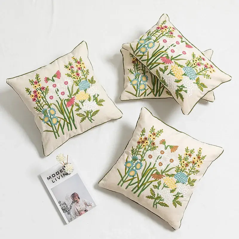 Daisy floral embroidery beige pillow cover bedroom decor