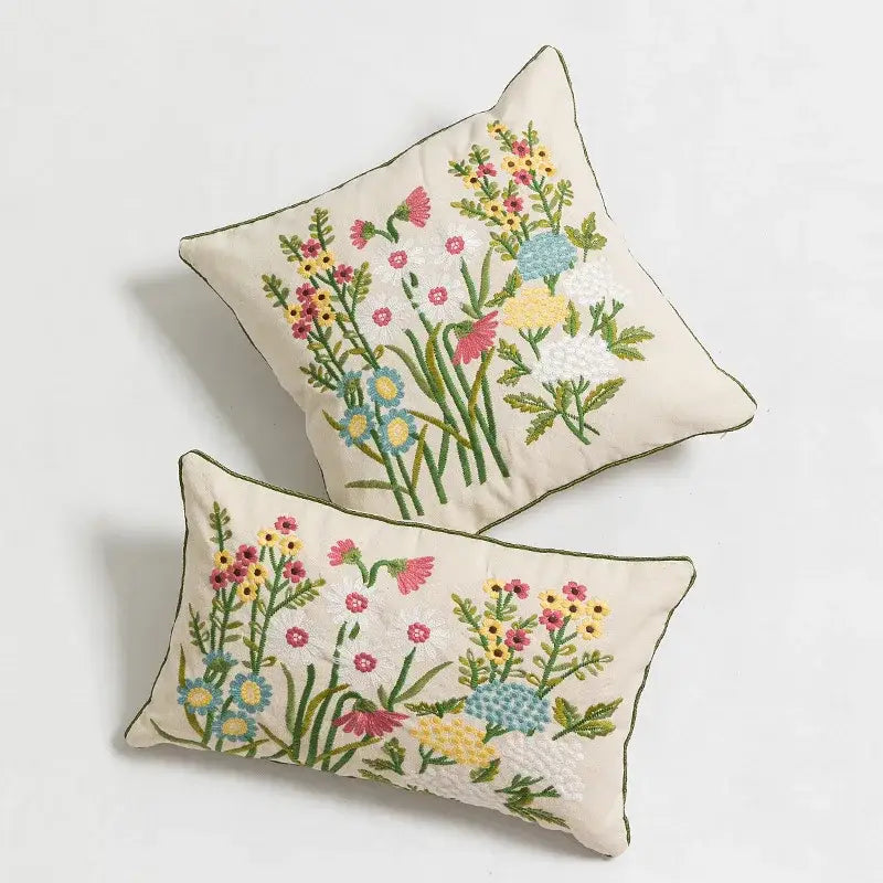 Daisy floral embroidery beige pillow cover bedroom decor