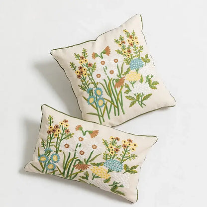 Daisy floral embroidery beige pillow cover bedroom decor