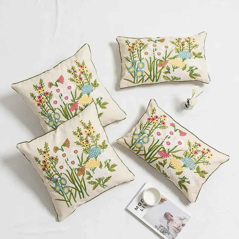 Daisy floral embroidery beige pillow cover bedroom decor
