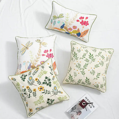 Daisy floral embroidery cream cushion cover living room pillow
