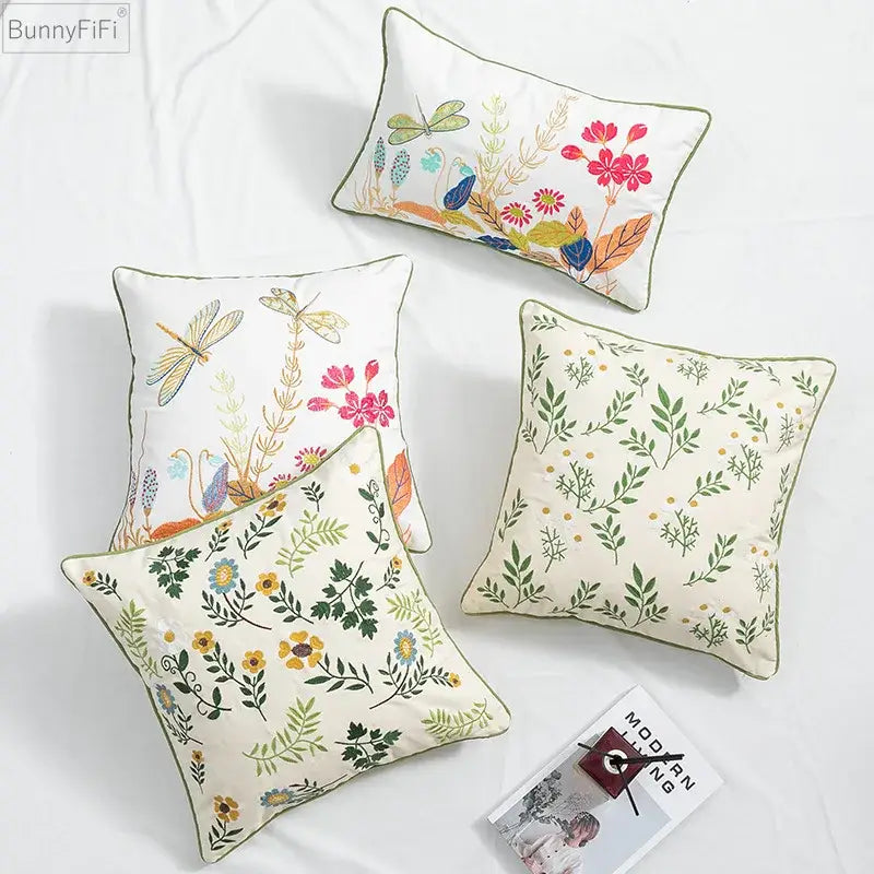 Daisy floral green leaves embroidery cushion cover living room