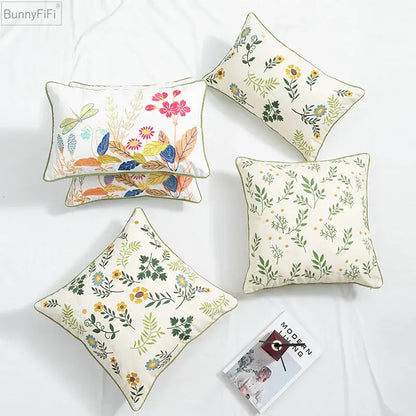 Daisy floral green leaves embroidery cushion cover living room
