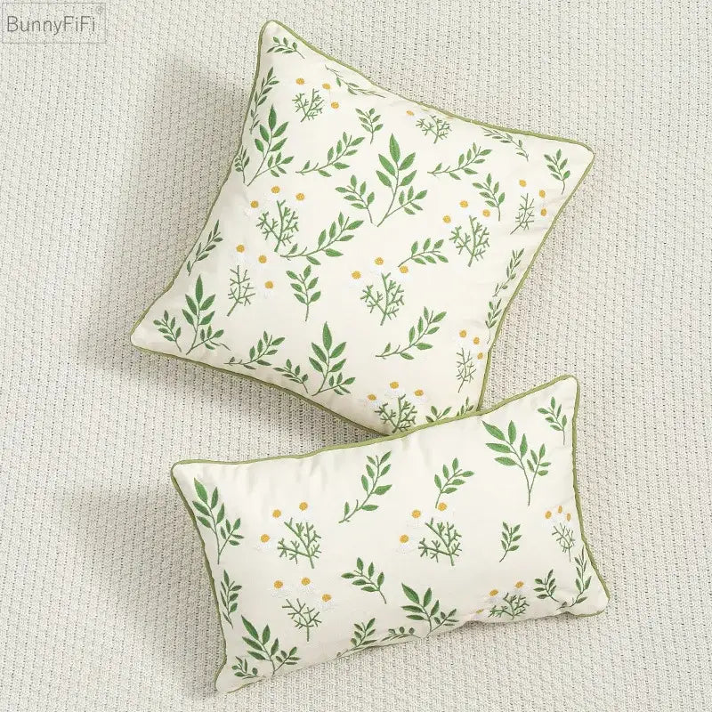Daisy floral green leaves embroidery cushion cover living room