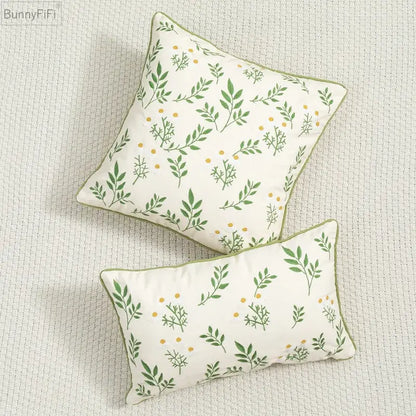 Daisy floral green leaves embroidery cushion cover living room