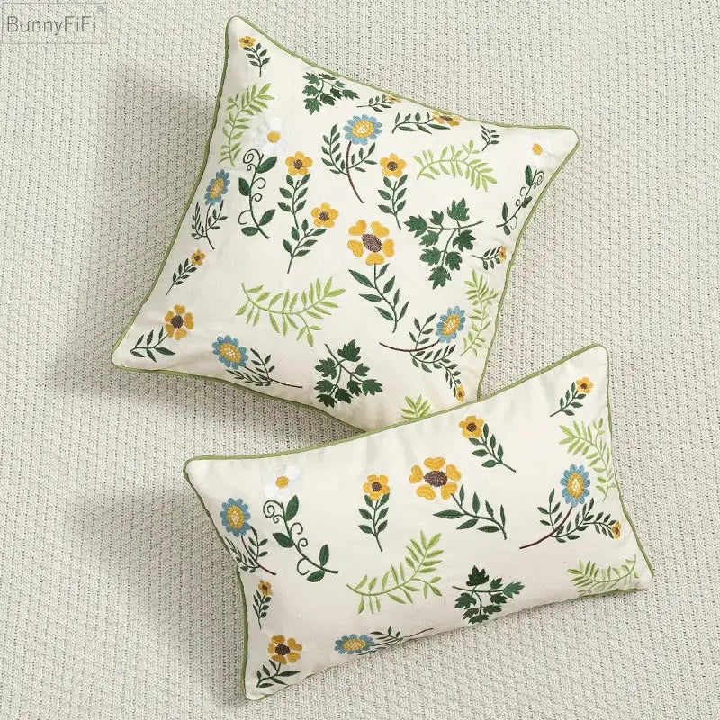 Daisy floral green leaves embroidery cushion cover living room