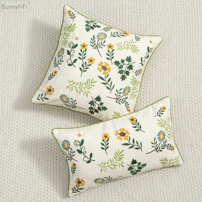 Daisy floral green leaves embroidery cushion cover living room