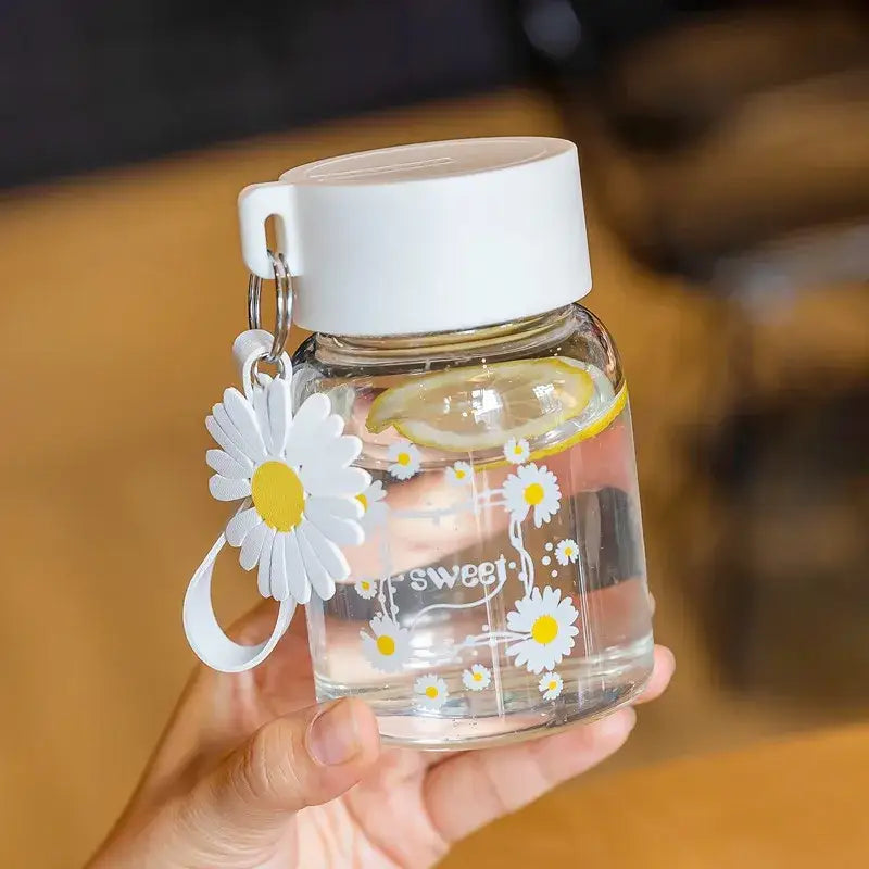 Daisy flower glass water bottle yellow & white kitchen tumbler charm