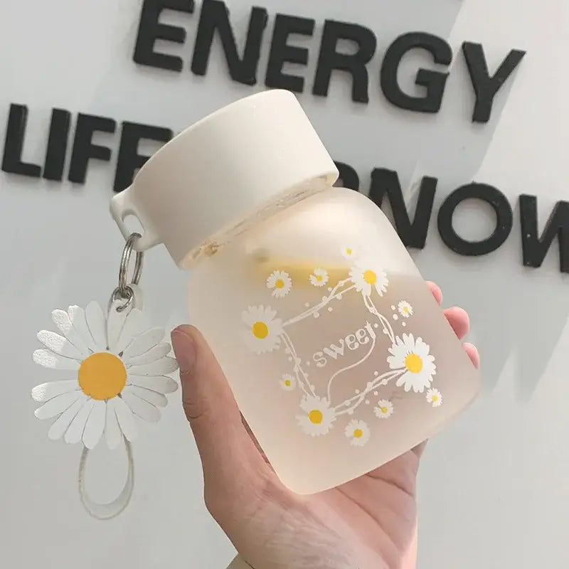 Daisy flower glass water bottle yellow & white kitchen tumbler charm