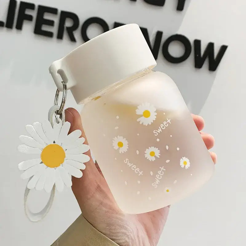 Daisy flower glass water bottle yellow & white kitchen tumbler charm