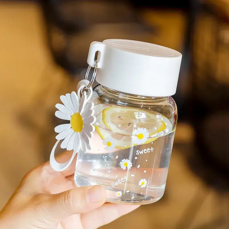 Daisy flower glass water bottle yellow & white kitchen tumbler charm