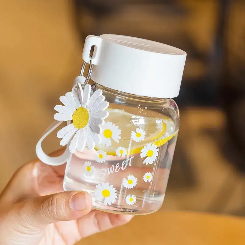 Daisy flower glass water bottle yellow & white kitchen tumbler charm