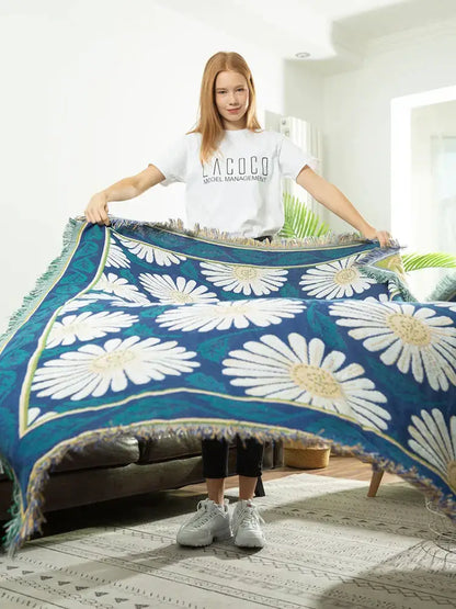 Daisy flower knitted blanket navy & white living room throw