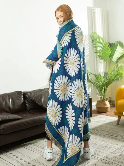 Daisy flower knitted blanket navy & white living room throw