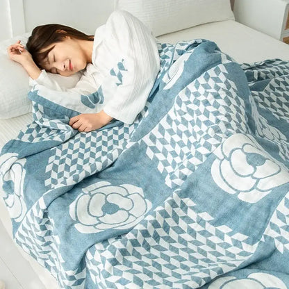 Daisy pattern light blue double cotton blanket bedroom bed cover