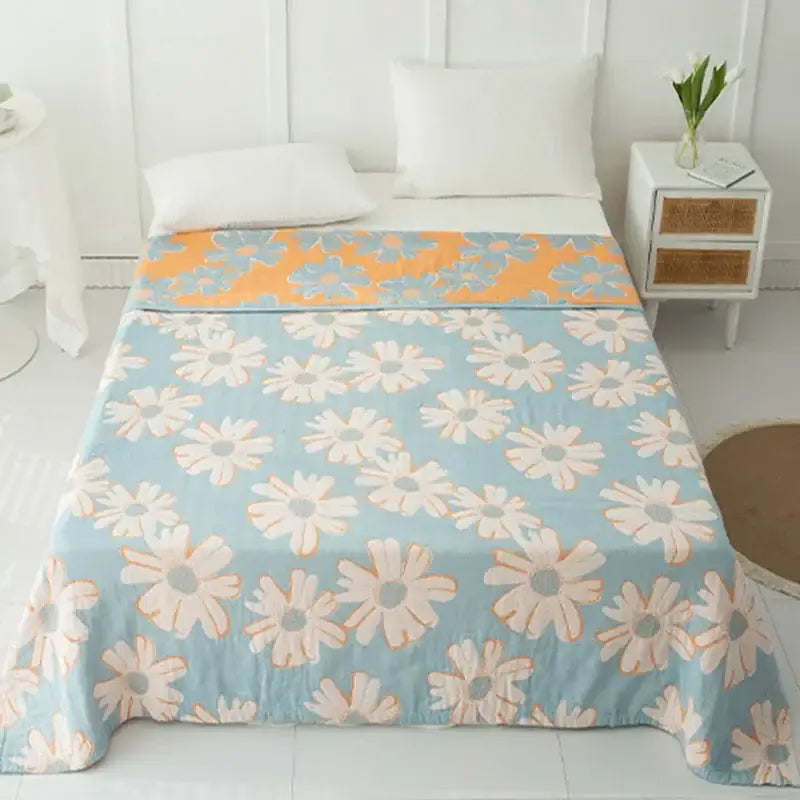 Daisy pattern light blue double cotton blanket bedroom bed cover