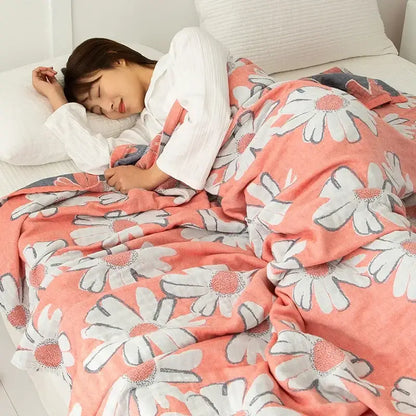 Daisy pattern light blue double cotton blanket bedroom bed cover