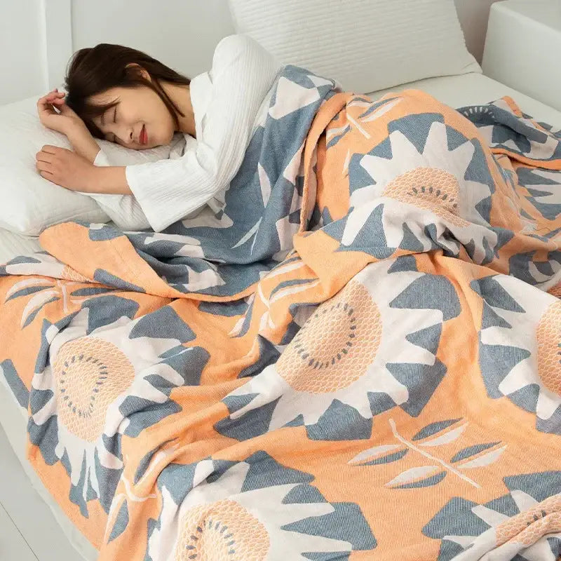 Daisy pattern light blue double cotton blanket bedroom bed cover