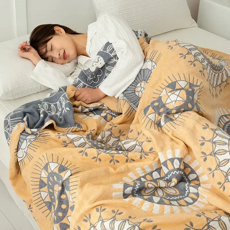 Daisy pattern light blue double cotton blanket bedroom bed cover