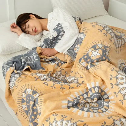 Daisy pattern light blue double cotton blanket bedroom bed cover
