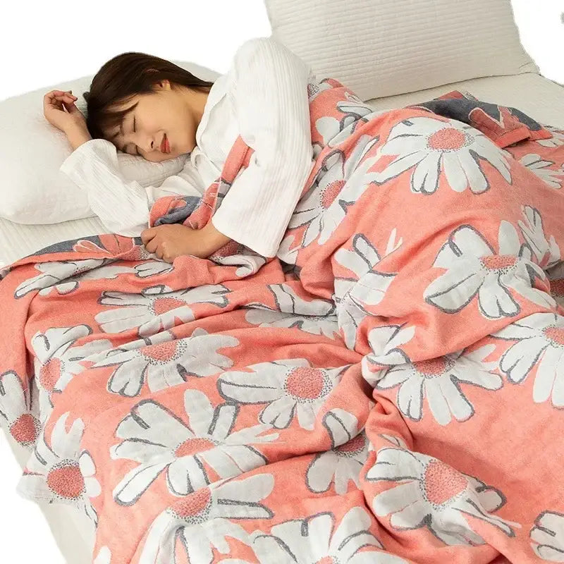 Daisy pattern light blue double cotton blanket bedroom bed cover