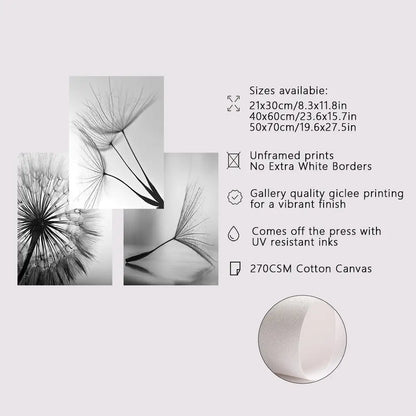 Modern black & white dandelion canvas wall art 3 piece set living room