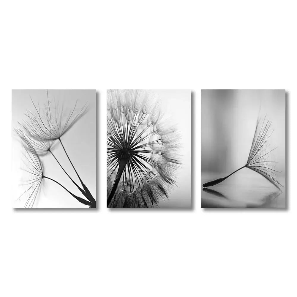 Modern black & white dandelion canvas wall art 3 piece set living room