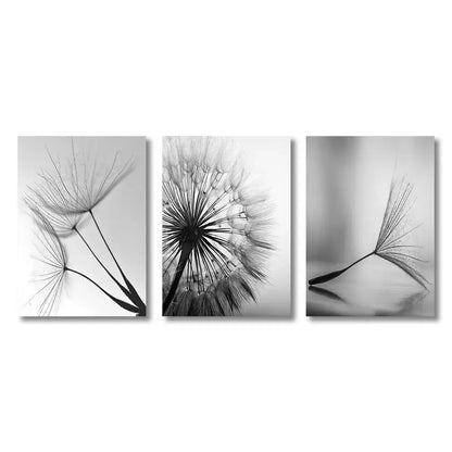Modern black & white dandelion canvas wall art 3 piece set living room