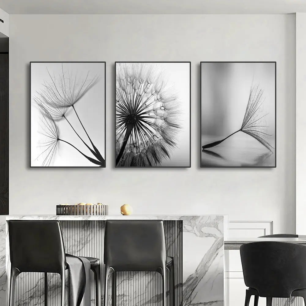 Modern black & white dandelion canvas wall art 3 piece set living room