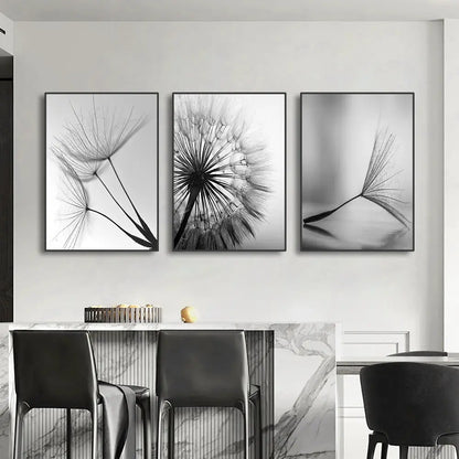 Modern black & white dandelion canvas wall art 3 piece set living room