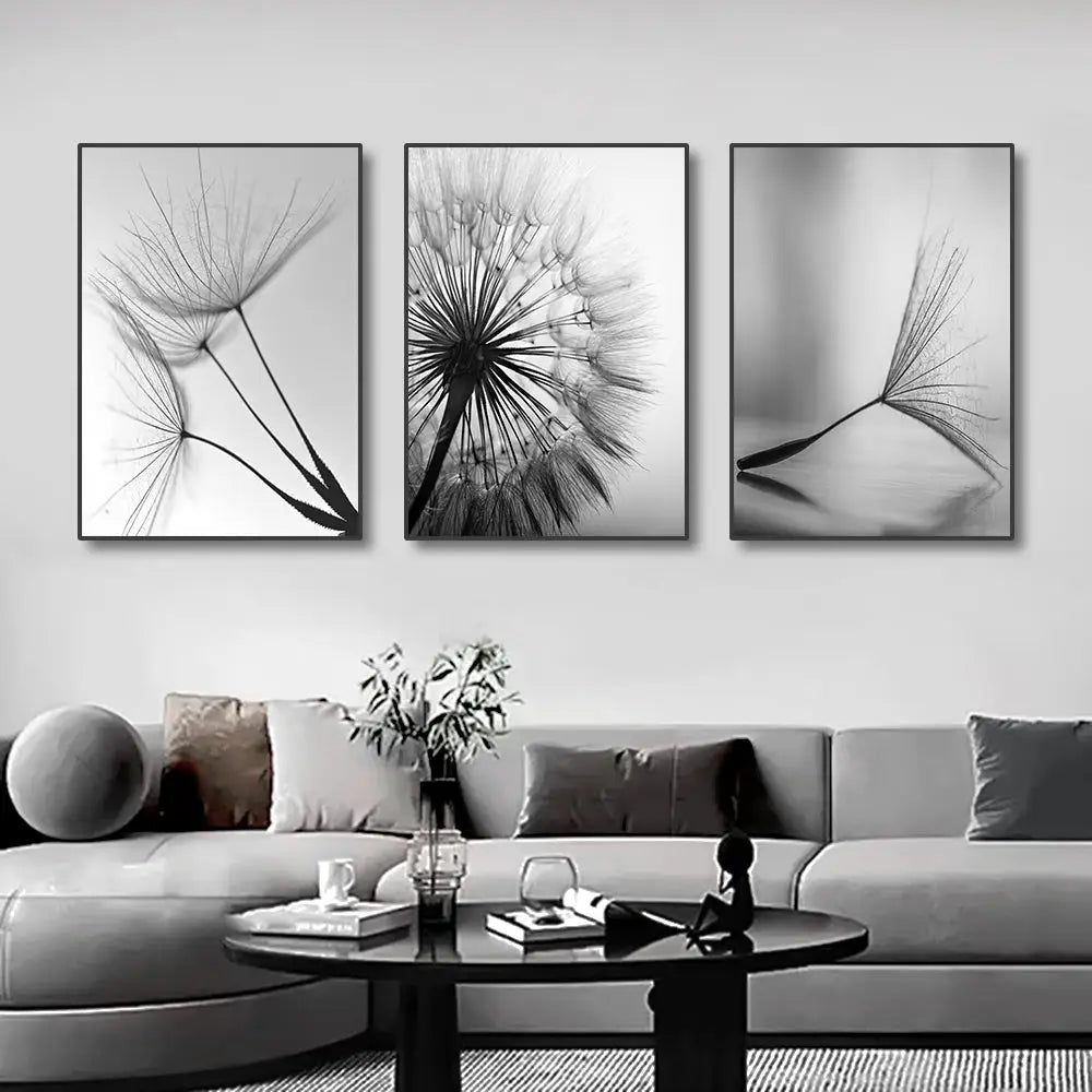 Modern black & white dandelion canvas wall art 3 piece set living room