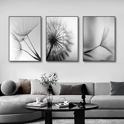 Modern black & white dandelion canvas wall art 3 piece set living room