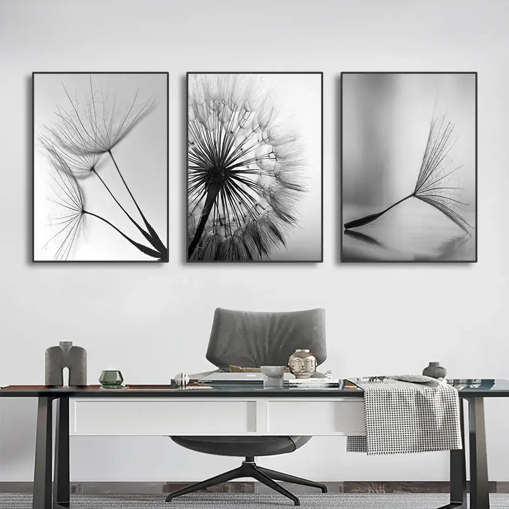 Modern black & white dandelion canvas wall art 3 piece set living room