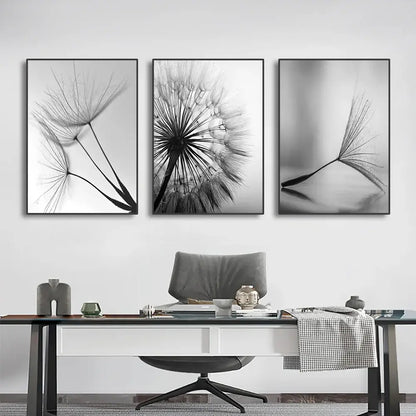 Modern black & white dandelion canvas wall art 3 piece set living room