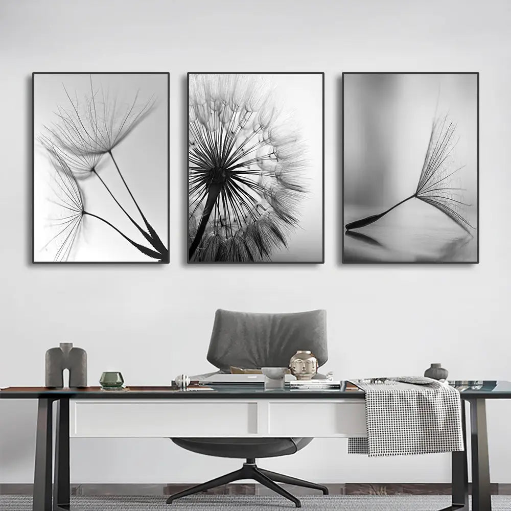 Modern black & white dandelion canvas wall art 3 piece set living room