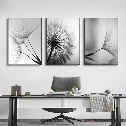 Modern black & white dandelion canvas wall art 3 piece set living room