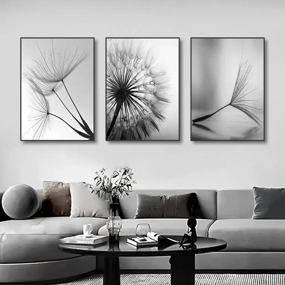 Modern black & white dandelion canvas wall art 3 piece set living room