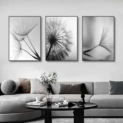 Modern black & white dandelion canvas wall art 3 piece set living room
