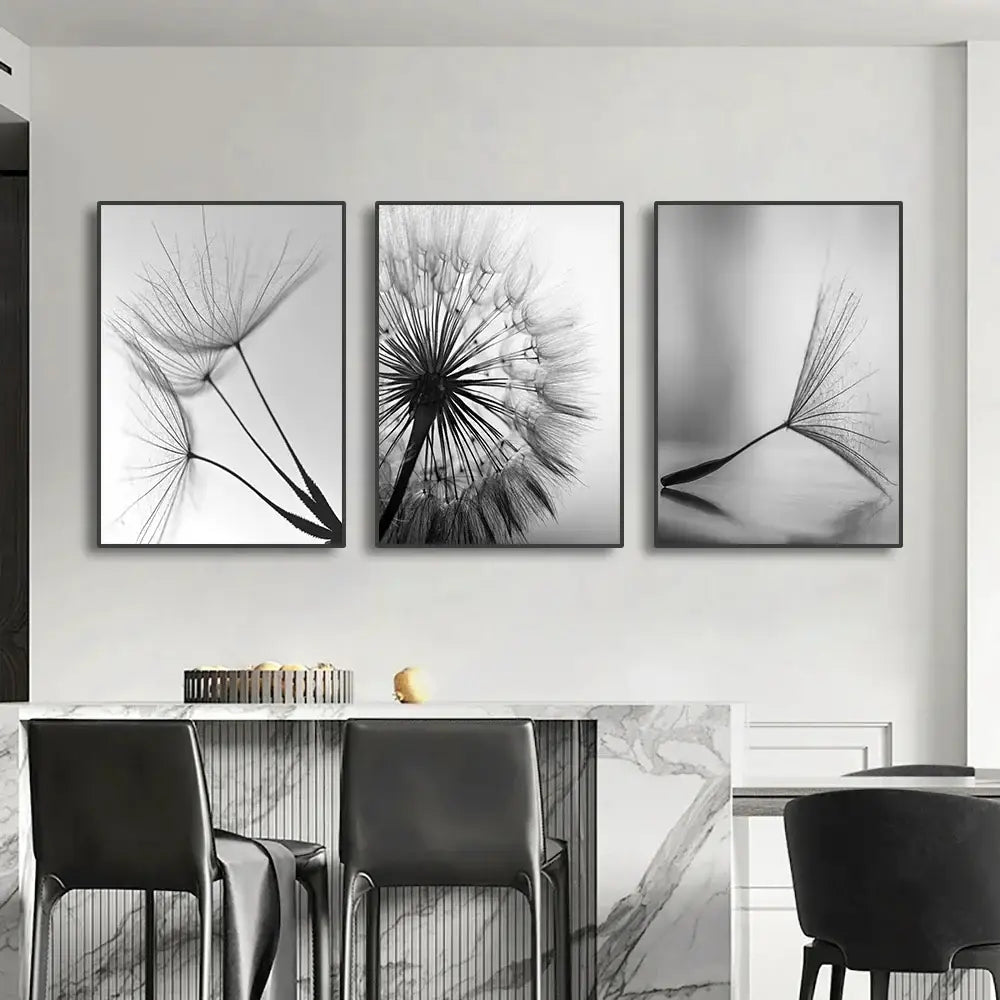 Modern black & white dandelion canvas wall art 3 piece set living room