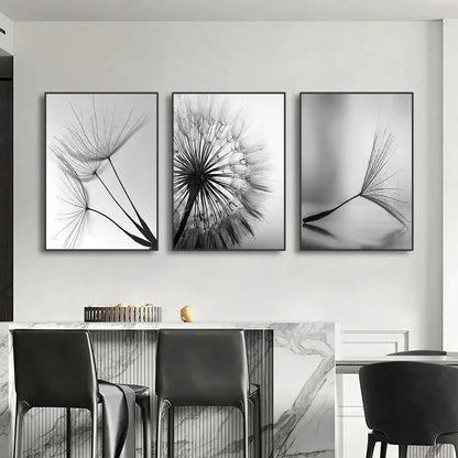 Modern black & white dandelion canvas wall art 3 piece set living room