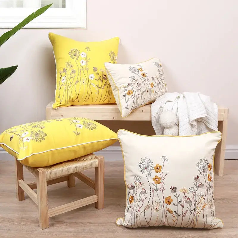 Dandelion floral yellow & gray pillow cover living room decor