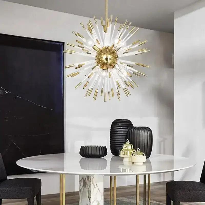 Dandelion golden ball starburst chandelier gold & white dining room