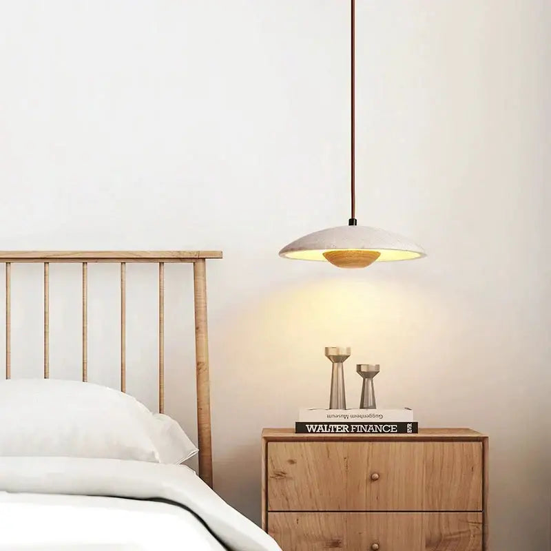 Danish cream stone and wood pendant lamp for bedroom