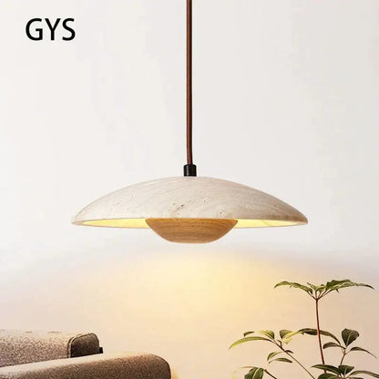 Danish cream stone and wood pendant lamp for bedroom