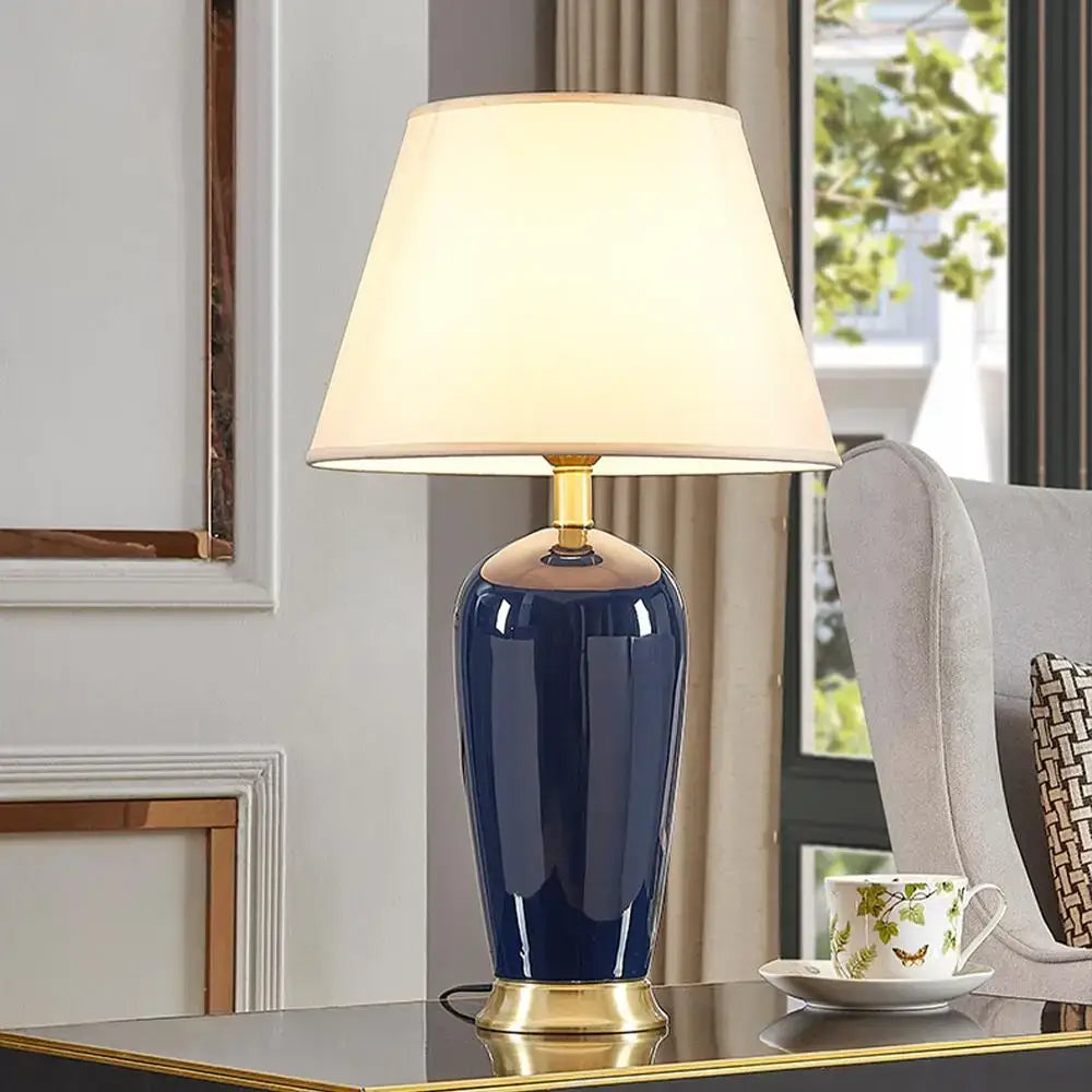 Dark blue ceramic table lamp with remote control for bedroom