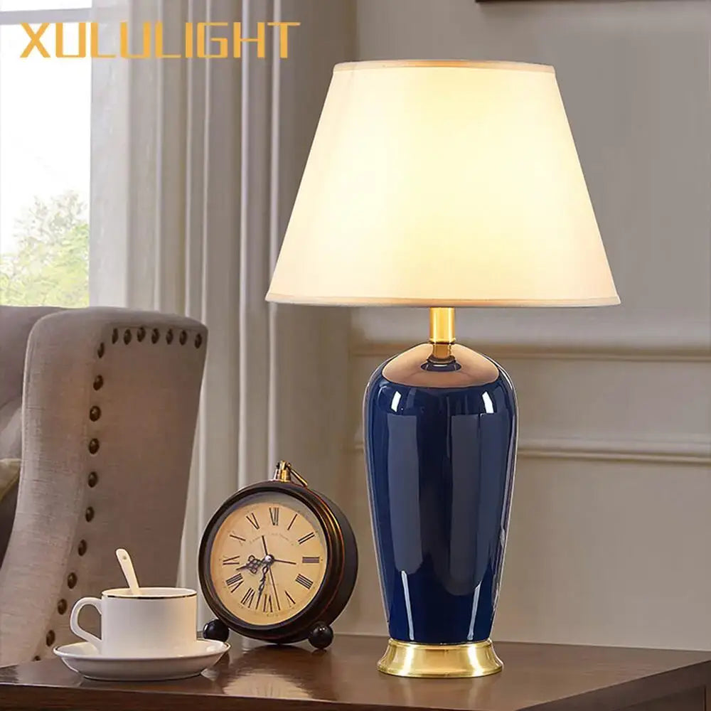 Dark blue ceramic table lamp with remote control for bedroom