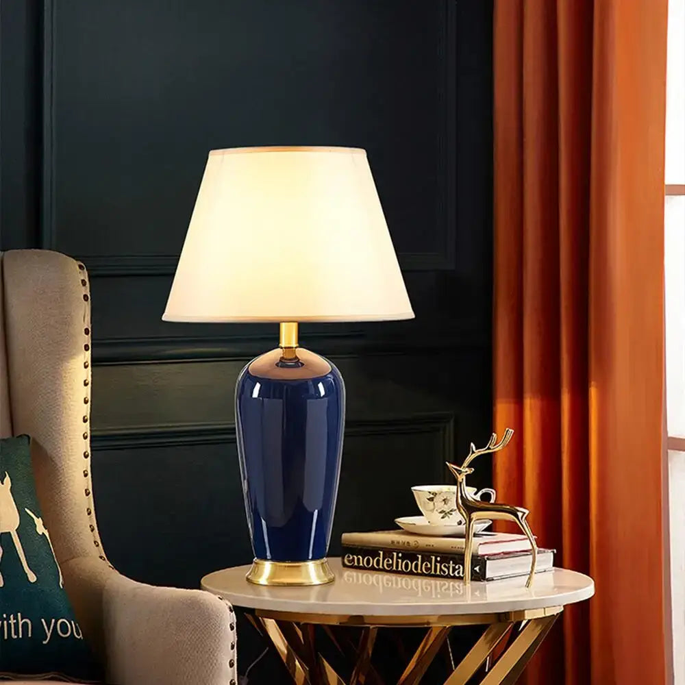 Dark blue ceramic table lamp with remote control for bedroom