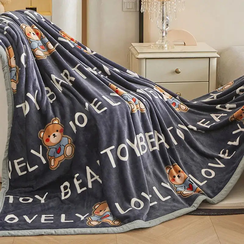 Dark gray cartoon print flannel sofa cover – living room blanket