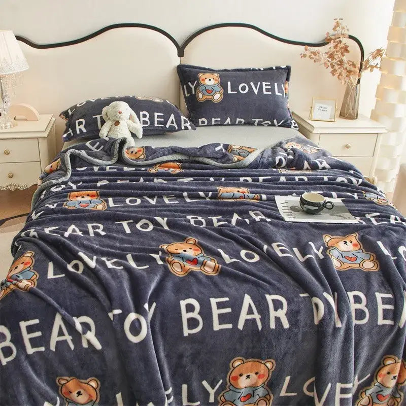 Dark gray cartoon print flannel sofa cover – living room blanket