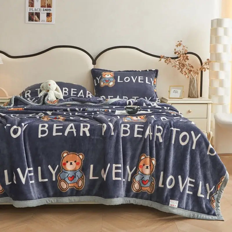 Dark gray cartoon print flannel sofa cover – living room blanket